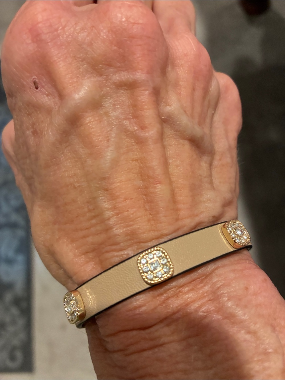 Park Lane Beige Leather Bracelet with Gold Crystal Medallions